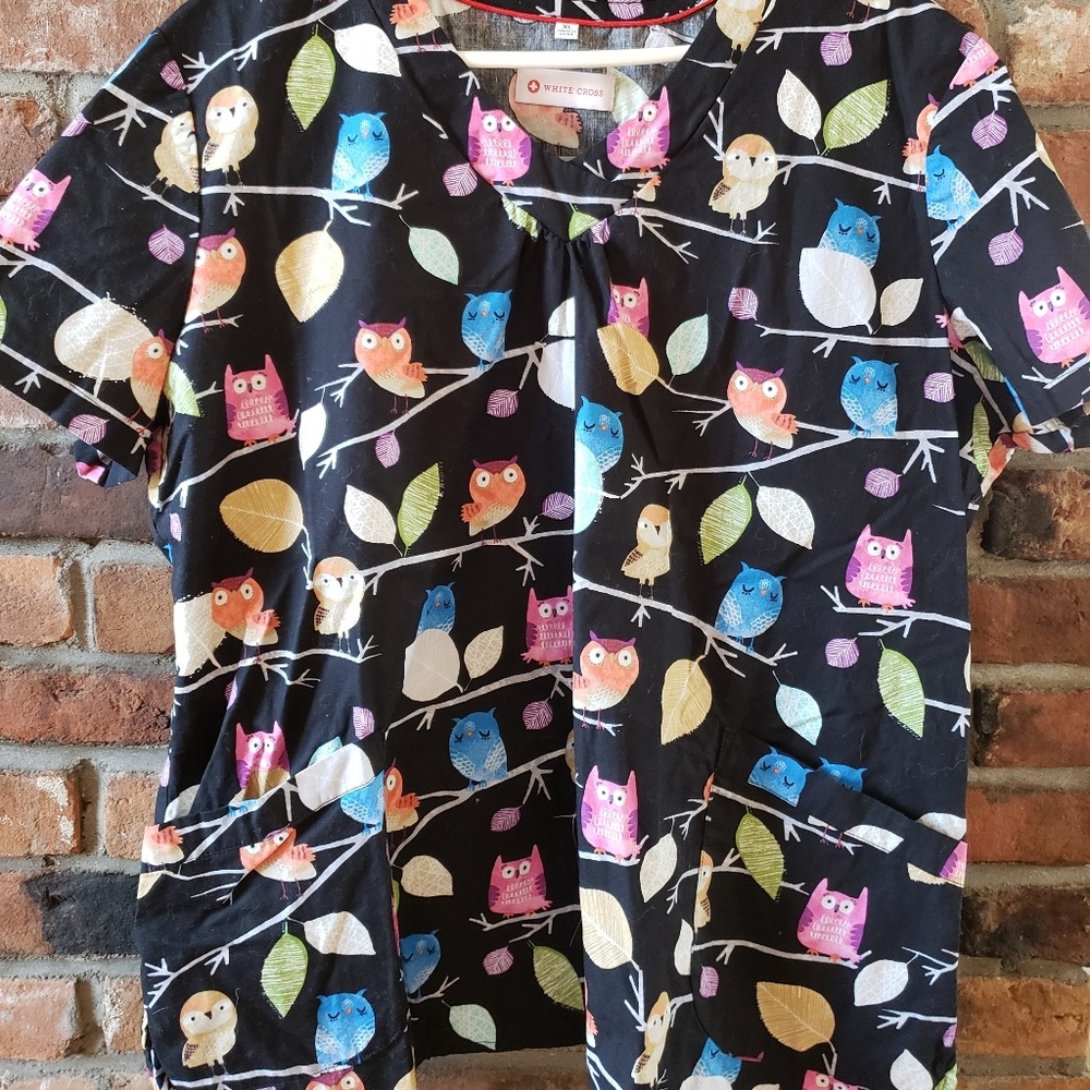 White Cross Owl Scrub Top